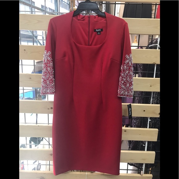 SL Fashions,Bejeweled Sleeve Dress,red,NWT - Picture 9 of 16